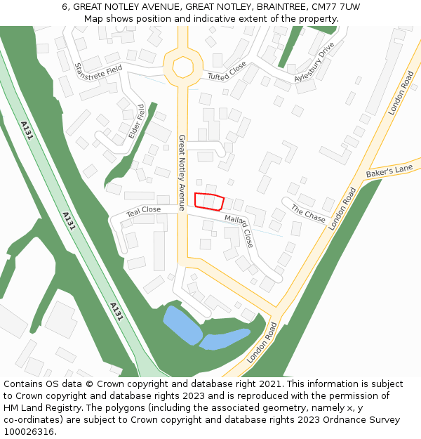 6, GREAT NOTLEY AVENUE, GREAT NOTLEY, BRAINTREE, CM77 7UW: Location map and indicative extent of plot