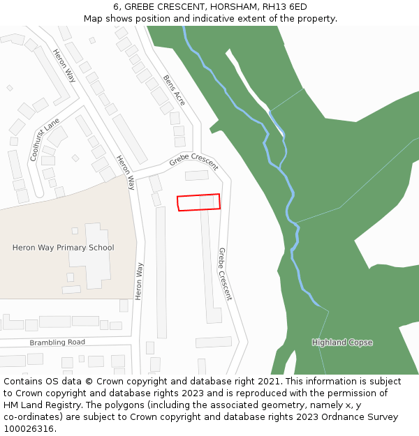 6, GREBE CRESCENT, HORSHAM, RH13 6ED: Location map and indicative extent of plot