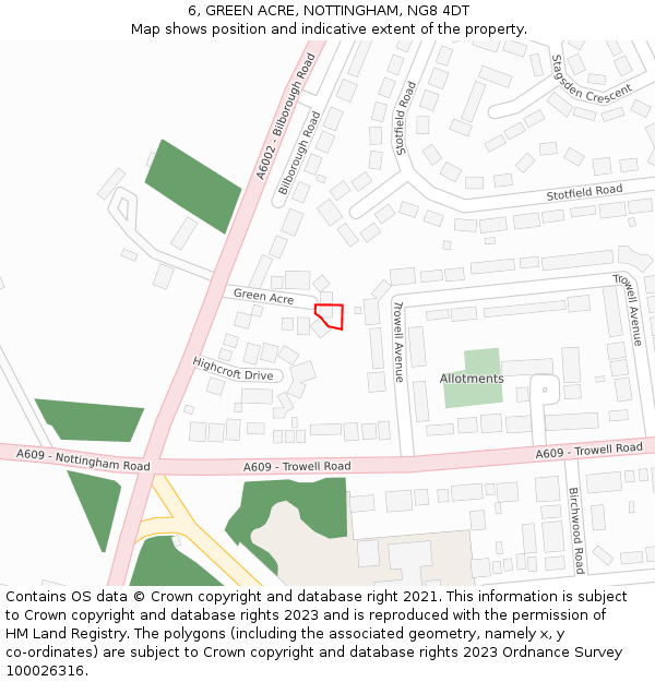 6, GREEN ACRE, NOTTINGHAM, NG8 4DT: Location map and indicative extent of plot