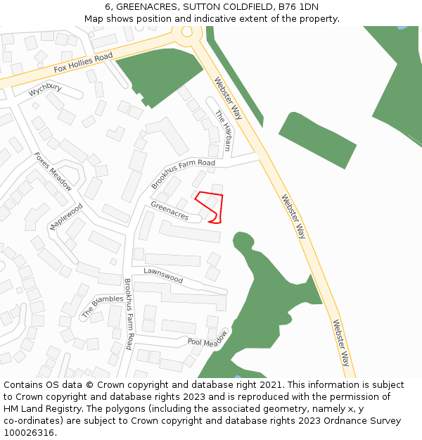 6, GREENACRES, SUTTON COLDFIELD, B76 1DN: Location map and indicative extent of plot