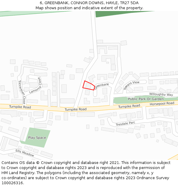 6, GREENBANK, CONNOR DOWNS, HAYLE, TR27 5DA: Location map and indicative extent of plot