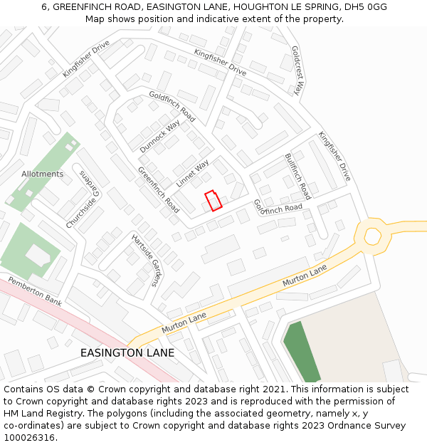6, GREENFINCH ROAD, EASINGTON LANE, HOUGHTON LE SPRING, DH5 0GG: Location map and indicative extent of plot