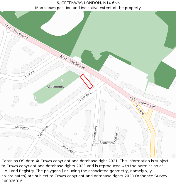 6, GREENWAY, LONDON, N14 6NN: Location map and indicative extent of plot