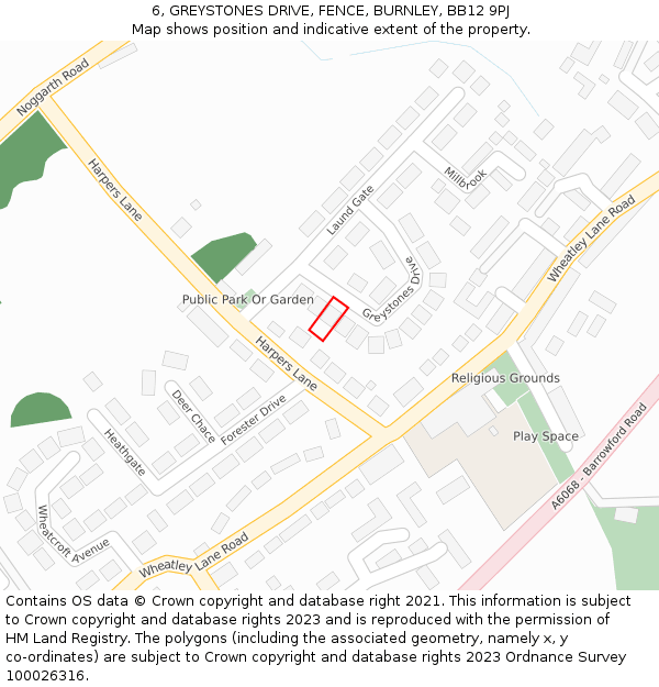 6, GREYSTONES DRIVE, FENCE, BURNLEY, BB12 9PJ: Location map and indicative extent of plot