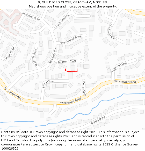 6, GUILDFORD CLOSE, GRANTHAM, NG31 8SJ: Location map and indicative extent of plot