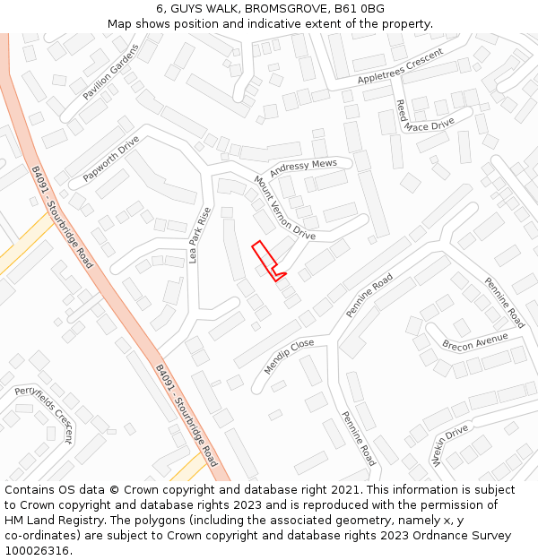 6, GUYS WALK, BROMSGROVE, B61 0BG: Location map and indicative extent of plot