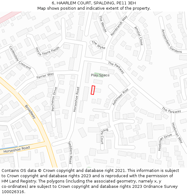 6, HAARLEM COURT, SPALDING, PE11 3EH: Location map and indicative extent of plot