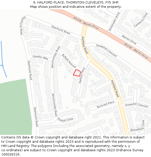 6, HALFORD PLACE, THORNTON-CLEVELEYS, FY5 3HP: Location map and indicative extent of plot