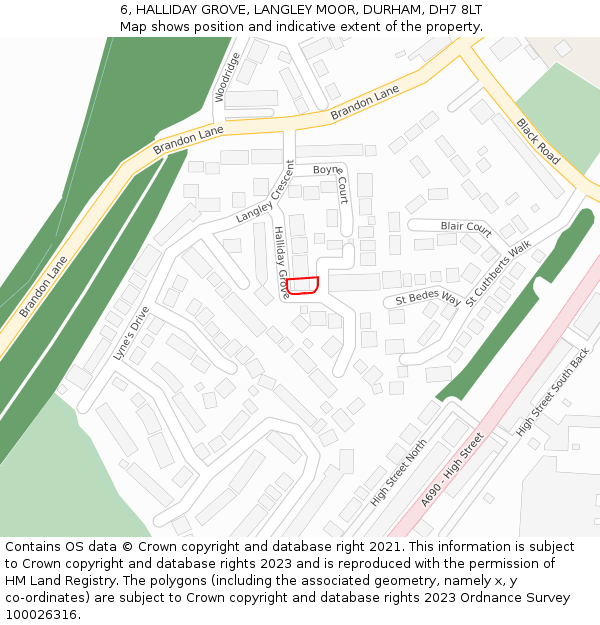 6, HALLIDAY GROVE, LANGLEY MOOR, DURHAM, DH7 8LT: Location map and indicative extent of plot