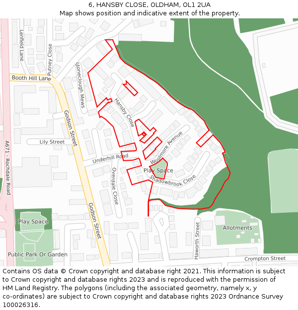 6, HANSBY CLOSE, OLDHAM, OL1 2UA: Location map and indicative extent of plot
