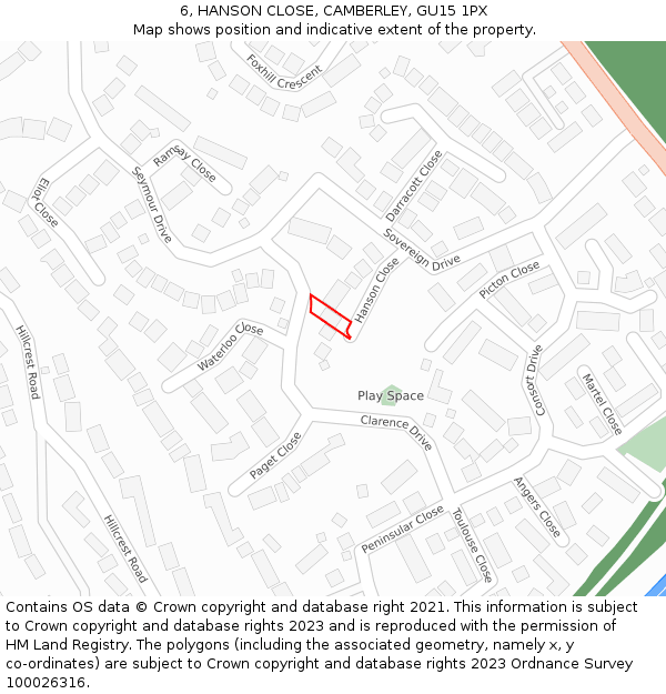 6, HANSON CLOSE, CAMBERLEY, GU15 1PX: Location map and indicative extent of plot