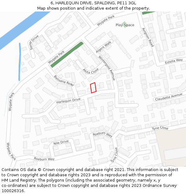 6, HARLEQUIN DRIVE, SPALDING, PE11 3GL: Location map and indicative extent of plot