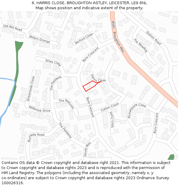 6, HARRIS CLOSE, BROUGHTON ASTLEY, LEICESTER, LE9 6NL: Location map and indicative extent of plot