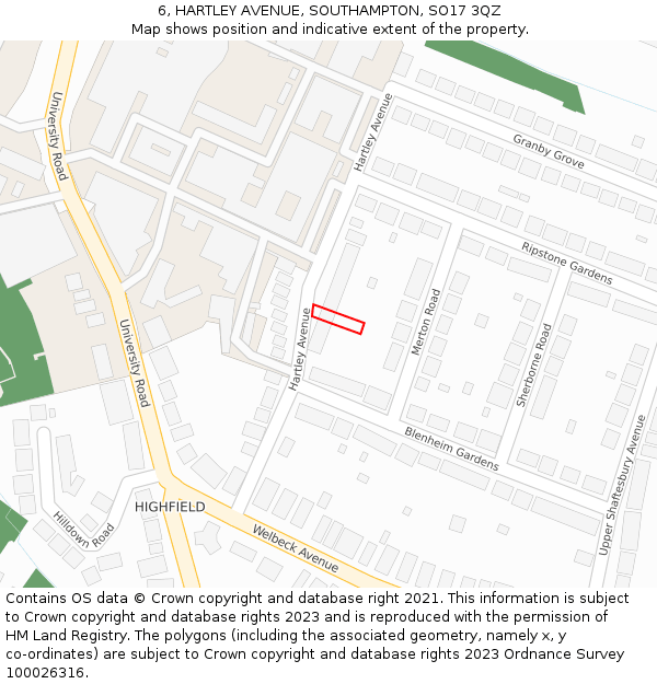 6, HARTLEY AVENUE, SOUTHAMPTON, SO17 3QZ: Location map and indicative extent of plot