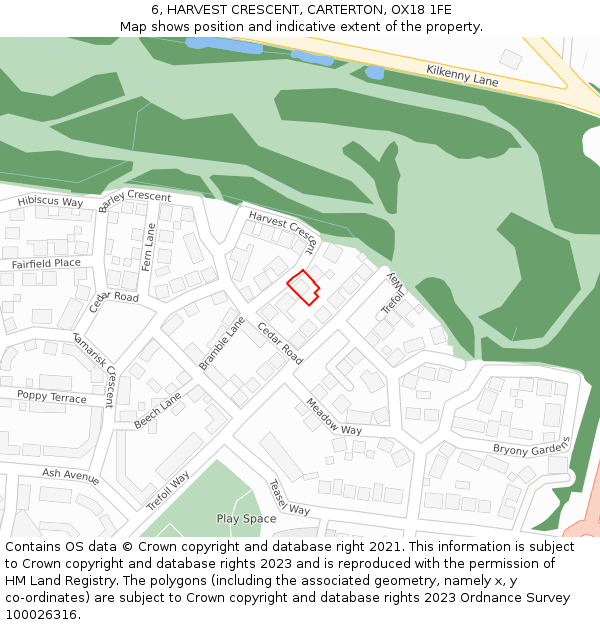 6, HARVEST CRESCENT, CARTERTON, OX18 1FE: Location map and indicative extent of plot