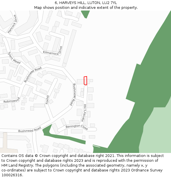 6, HARVEYS HILL, LUTON, LU2 7YL: Location map and indicative extent of plot