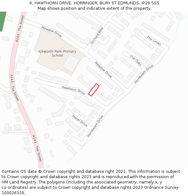 6, HAWTHORN DRIVE, HORRINGER, BURY ST EDMUNDS, IP29 5SS: Location map and indicative extent of plot