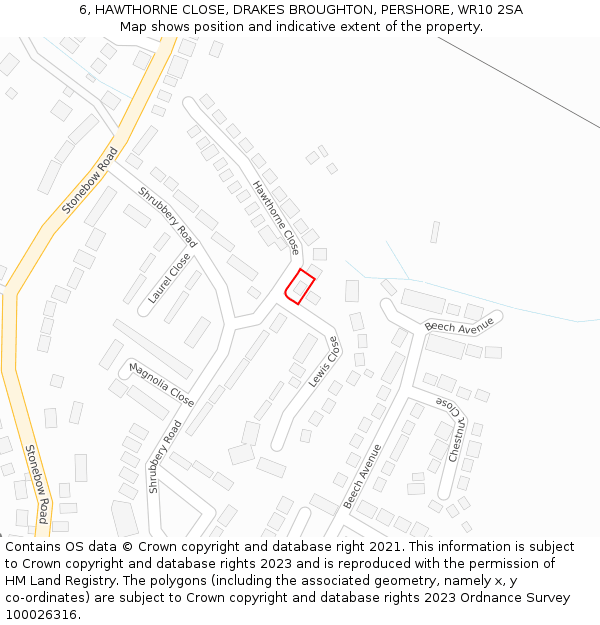 6, HAWTHORNE CLOSE, DRAKES BROUGHTON, PERSHORE, WR10 2SA: Location map and indicative extent of plot