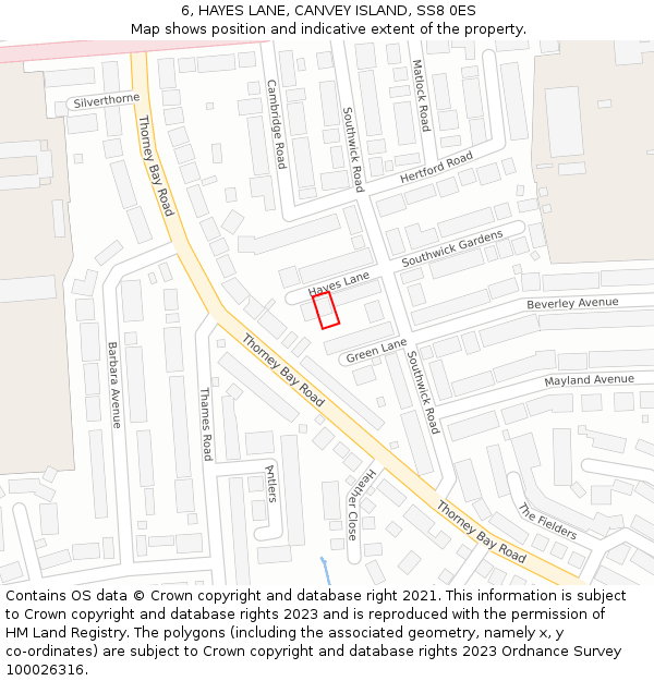 6, HAYES LANE, CANVEY ISLAND, SS8 0ES: Location map and indicative extent of plot