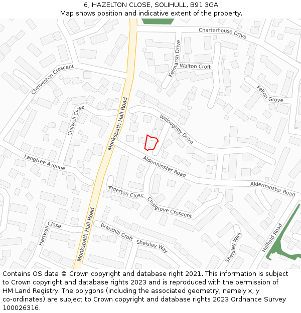 6, HAZELTON CLOSE, SOLIHULL, B91 3GA: Location map and indicative extent of plot