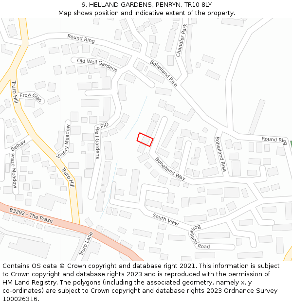 6, HELLAND GARDENS, PENRYN, TR10 8LY: Location map and indicative extent of plot