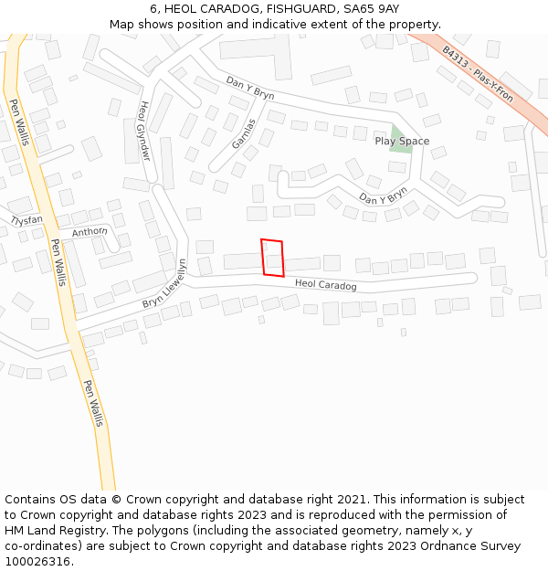 6, HEOL CARADOG, FISHGUARD, SA65 9AY: Location map and indicative extent of plot