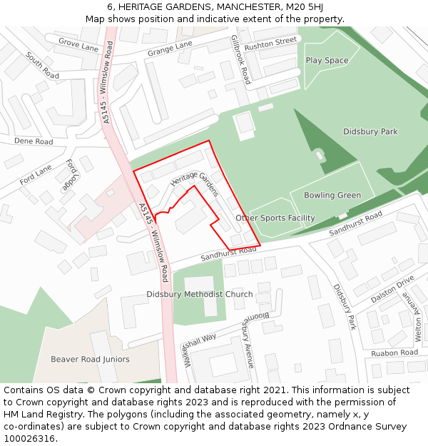 6, HERITAGE GARDENS, MANCHESTER, M20 5HJ: Location map and indicative extent of plot