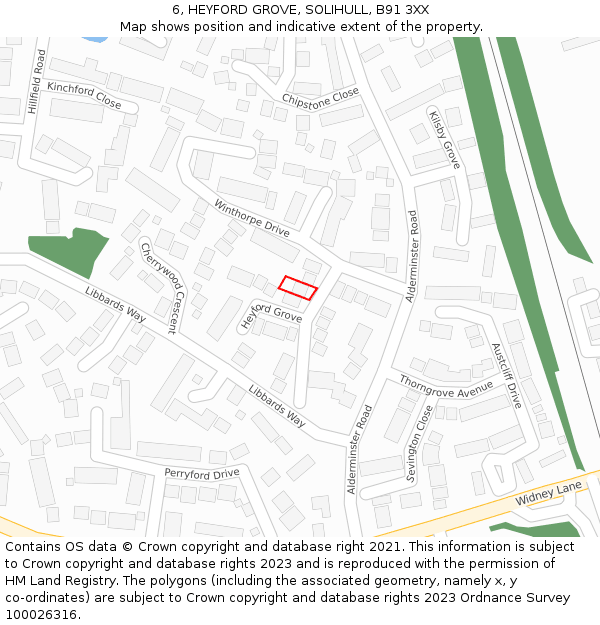 6, HEYFORD GROVE, SOLIHULL, B91 3XX: Location map and indicative extent of plot