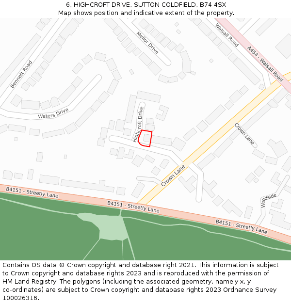 6, HIGHCROFT DRIVE, SUTTON COLDFIELD, B74 4SX: Location map and indicative extent of plot