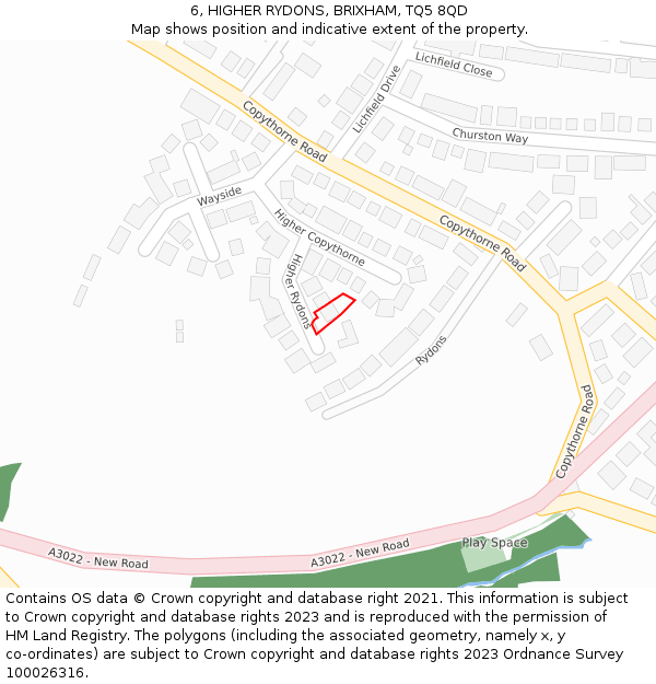 6, HIGHER RYDONS, BRIXHAM, TQ5 8QD: Location map and indicative extent of plot