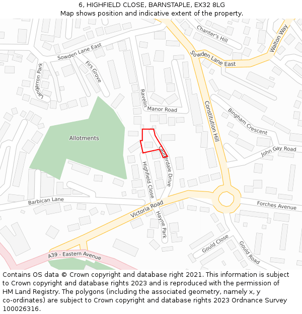 6, HIGHFIELD CLOSE, BARNSTAPLE, EX32 8LG: Location map and indicative extent of plot