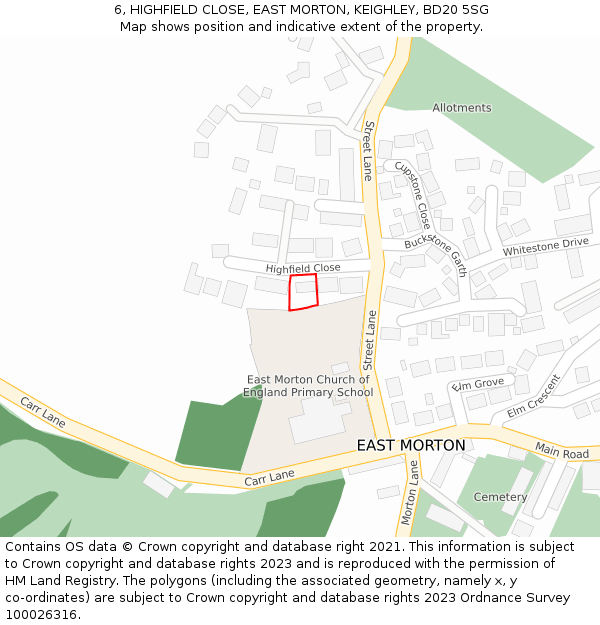 6, HIGHFIELD CLOSE, EAST MORTON, KEIGHLEY, BD20 5SG: Location map and indicative extent of plot