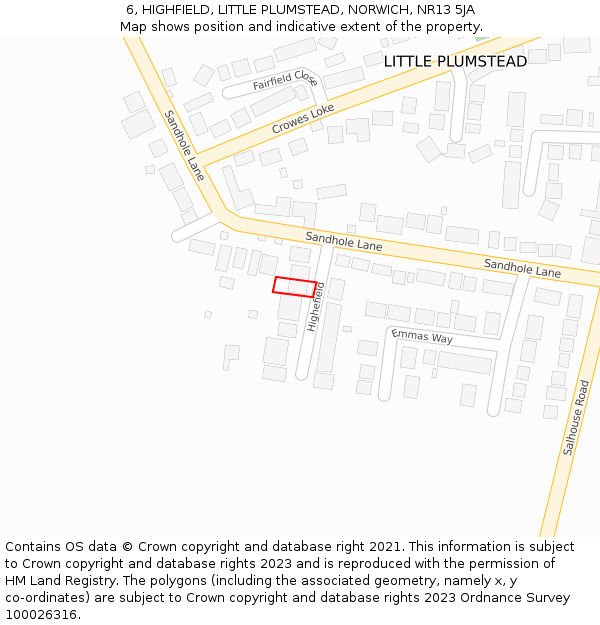 6, HIGHFIELD, LITTLE PLUMSTEAD, NORWICH, NR13 5JA: Location map and indicative extent of plot