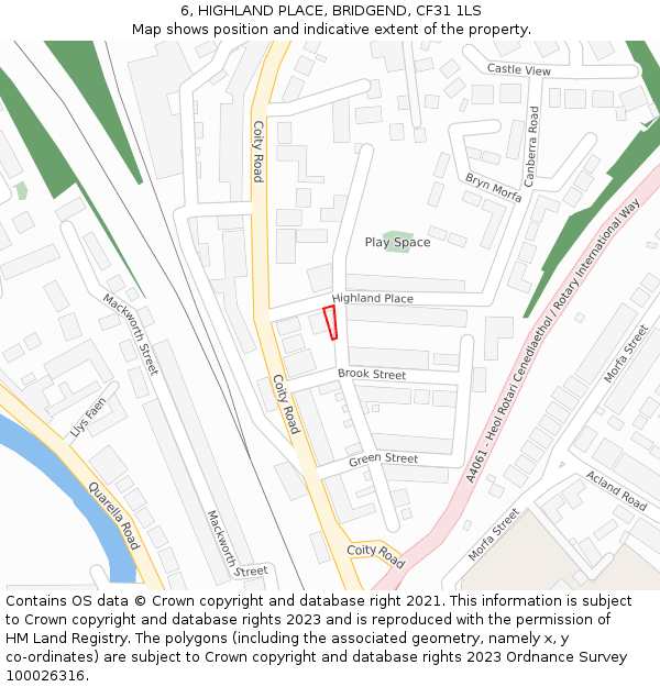 6, HIGHLAND PLACE, BRIDGEND, CF31 1LS: Location map and indicative extent of plot
