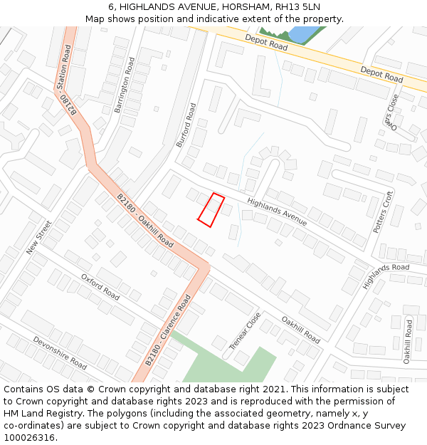 6, HIGHLANDS AVENUE, HORSHAM, RH13 5LN: Location map and indicative extent of plot