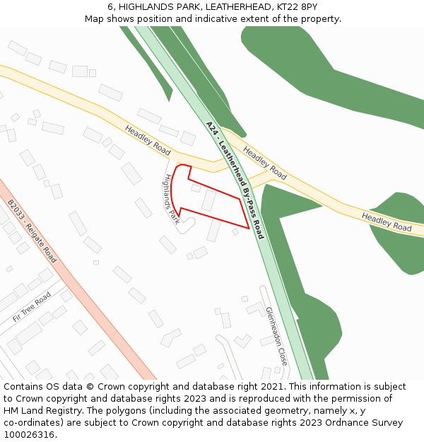 6, HIGHLANDS PARK, LEATHERHEAD, KT22 8PY: Location map and indicative extent of plot