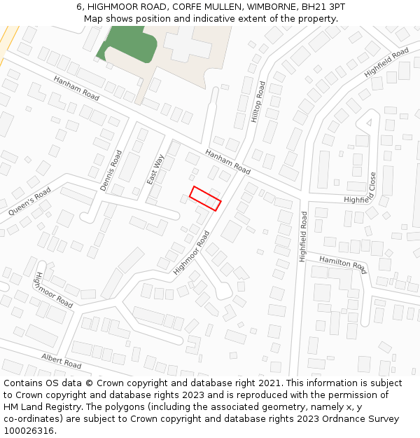 6, HIGHMOOR ROAD, CORFE MULLEN, WIMBORNE, BH21 3PT: Location map and indicative extent of plot