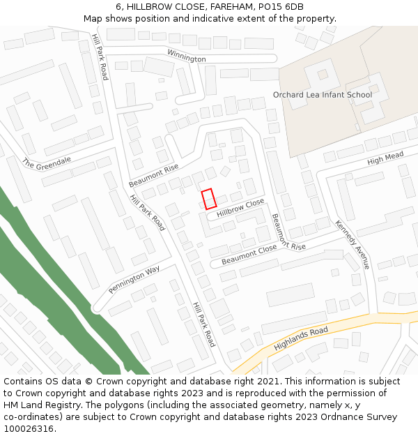 6, HILLBROW CLOSE, FAREHAM, PO15 6DB: Location map and indicative extent of plot