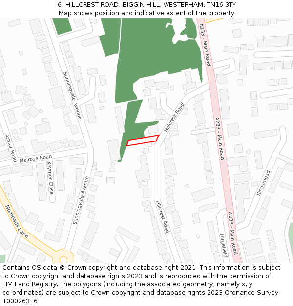 6, HILLCREST ROAD, BIGGIN HILL, WESTERHAM, TN16 3TY: Location map and indicative extent of plot