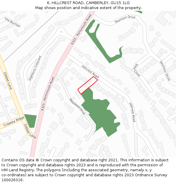 6, HILLCREST ROAD, CAMBERLEY, GU15 1LG: Location map and indicative extent of plot