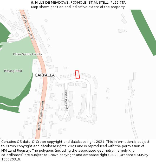 6, HILLSIDE MEADOWS, FOXHOLE, ST AUSTELL, PL26 7TA: Location map and indicative extent of plot