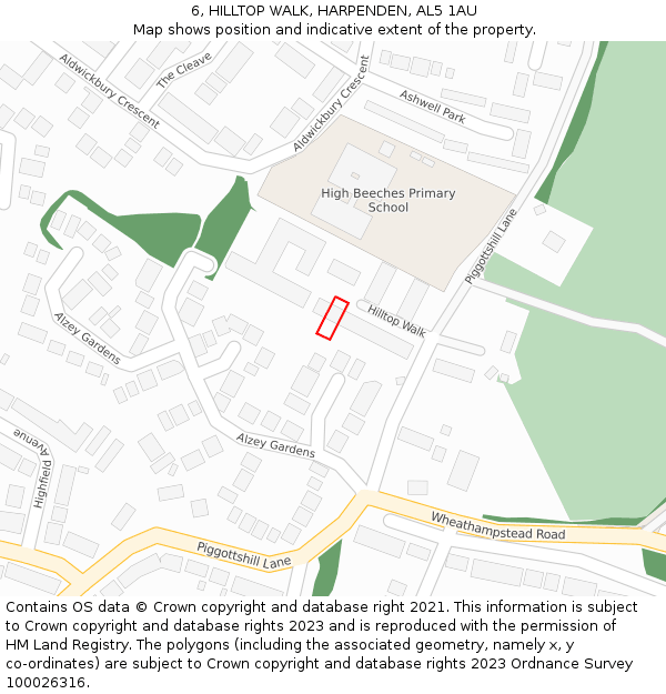 6, HILLTOP WALK, HARPENDEN, AL5 1AU: Location map and indicative extent of plot