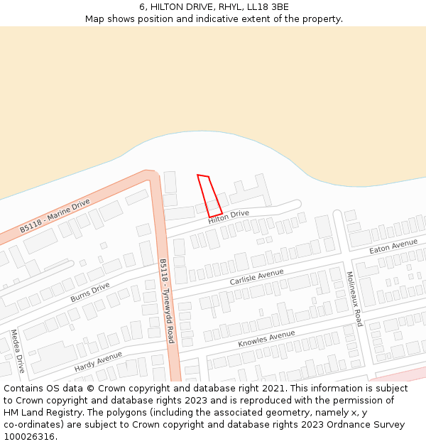 6, HILTON DRIVE, RHYL, LL18 3BE: Location map and indicative extent of plot