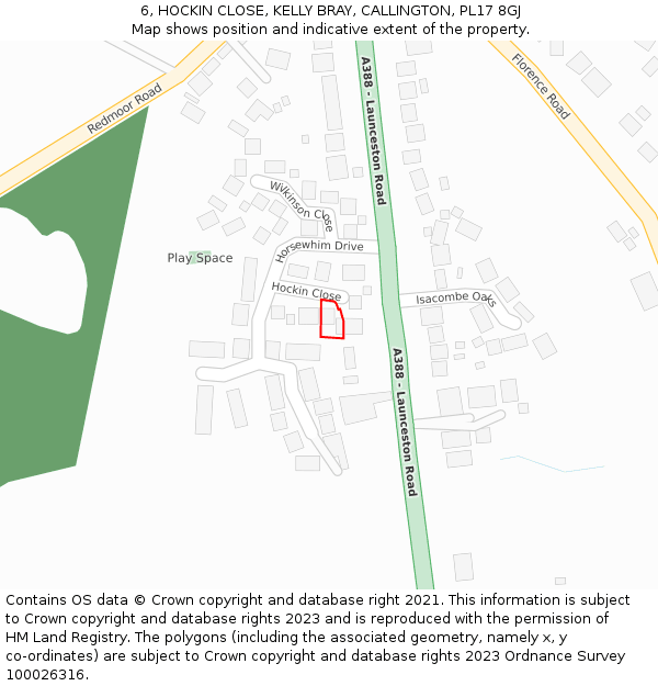 6, HOCKIN CLOSE, KELLY BRAY, CALLINGTON, PL17 8GJ: Location map and indicative extent of plot
