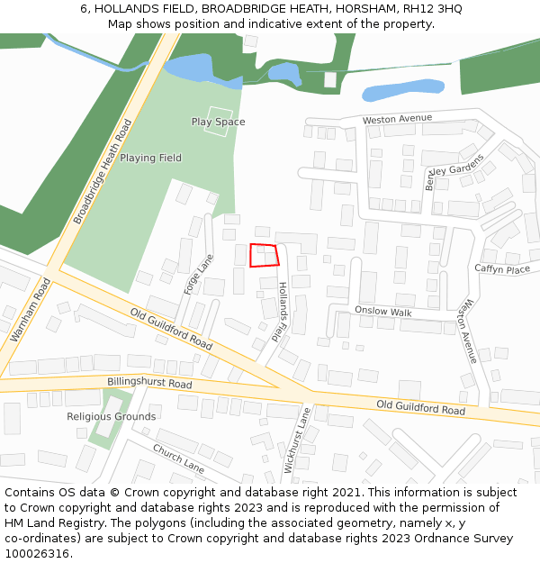 6, HOLLANDS FIELD, BROADBRIDGE HEATH, HORSHAM, RH12 3HQ: Location map and indicative extent of plot