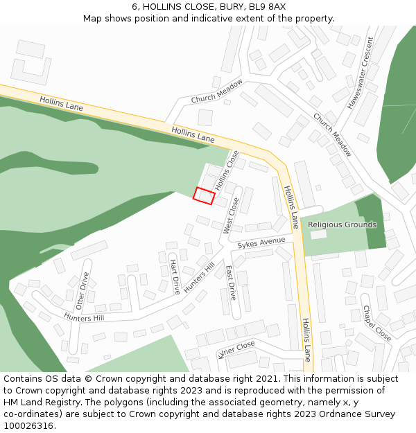 6, HOLLINS CLOSE, BURY, BL9 8AX: Location map and indicative extent of plot