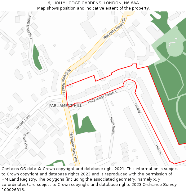 6, HOLLY LODGE GARDENS, LONDON, N6 6AA: Location map and indicative extent of plot