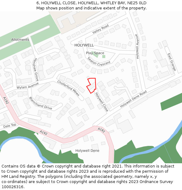 6, HOLYWELL CLOSE, HOLYWELL, WHITLEY BAY, NE25 0LD: Location map and indicative extent of plot