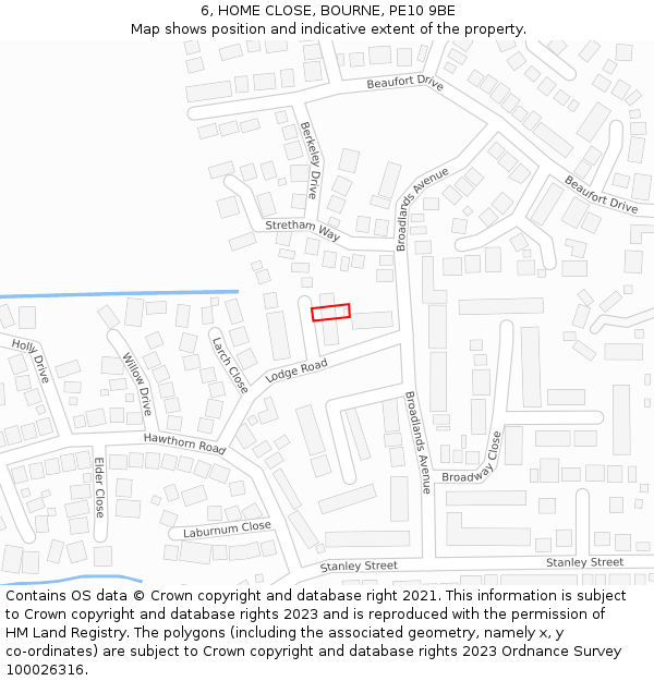 6, HOME CLOSE, BOURNE, PE10 9BE: Location map and indicative extent of plot