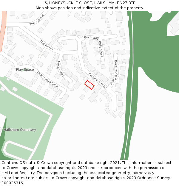 6, HONEYSUCKLE CLOSE, HAILSHAM, BN27 3TP: Location map and indicative extent of plot